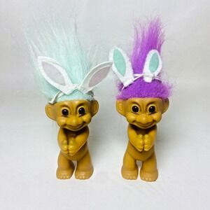 2‎ Vintage RUSS Troll Doll Clip-On Purple Blue Hair Easter Bunny Ears Tail 1990s